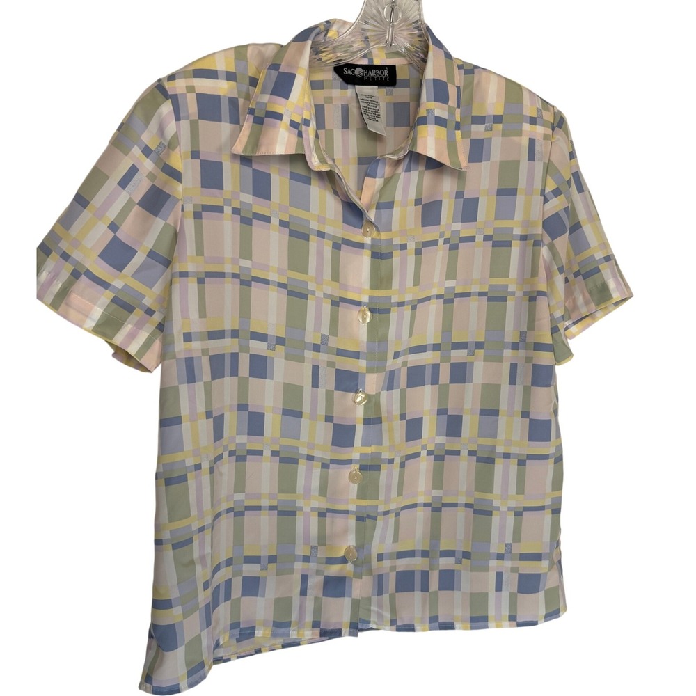 Sag‎ Harbor Petite Plaid Button Up Short Sleeve Blouse Women Medium
